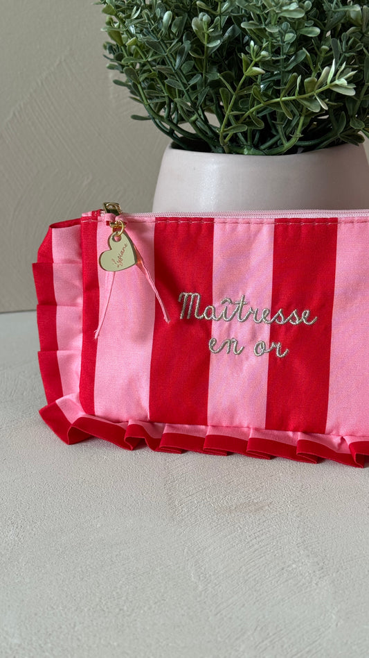 Trousse maîtresse en or brodées personnalisée rose / rouge