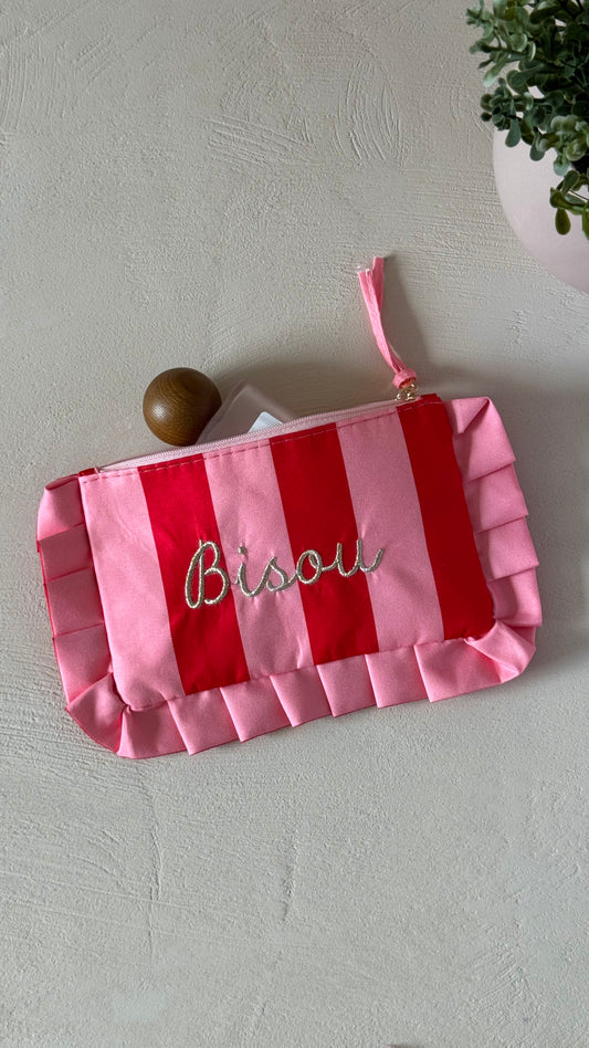 Trousse brodée Bisou rayée rose/rouge personnalisée